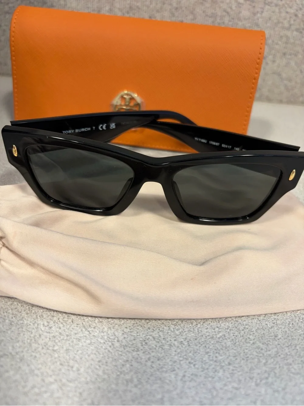 Tory Burch Black Square Sunglasses with Orange Logo Case